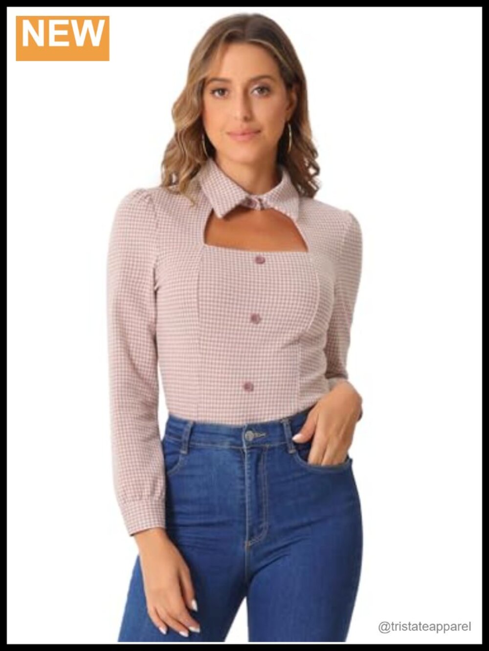 Gothic Houndstooth Plaid Cutout Long Sleeve Blouse